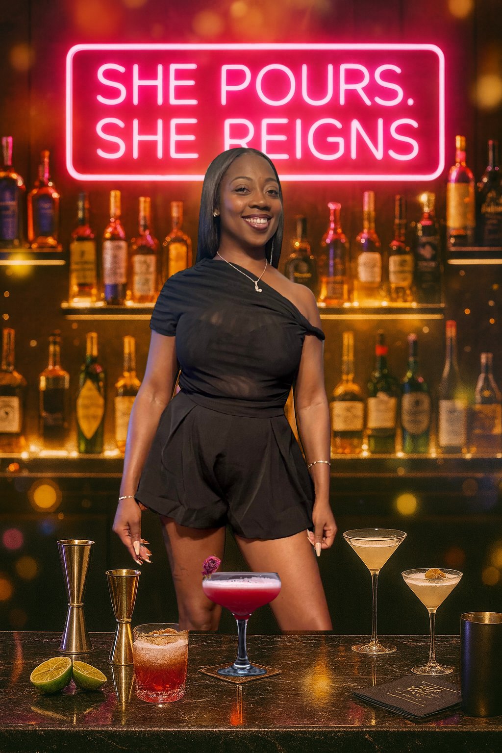 Ashlee of She Pours behind the bar with cocktails and a She Pours, She Reigns neon sign.